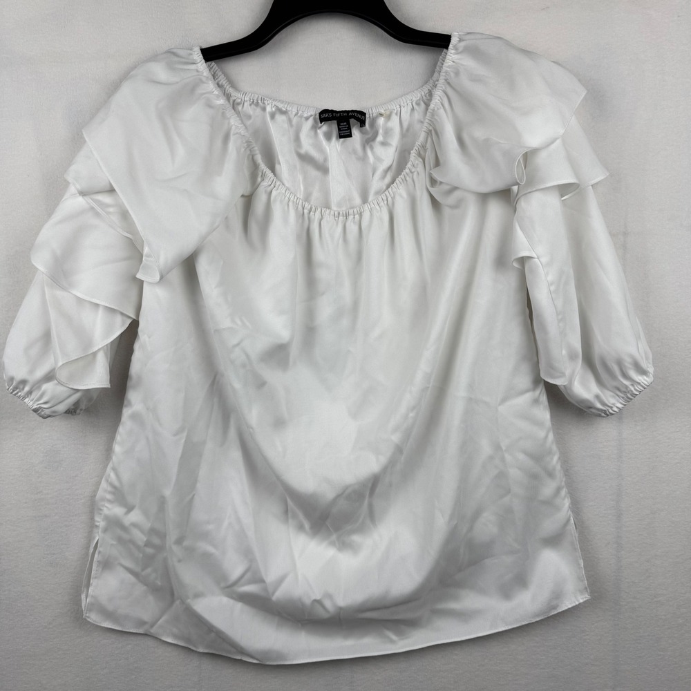 Saks Fifth Avenue Ruffle Layered Poet Sleeve Blouse Top‎ White